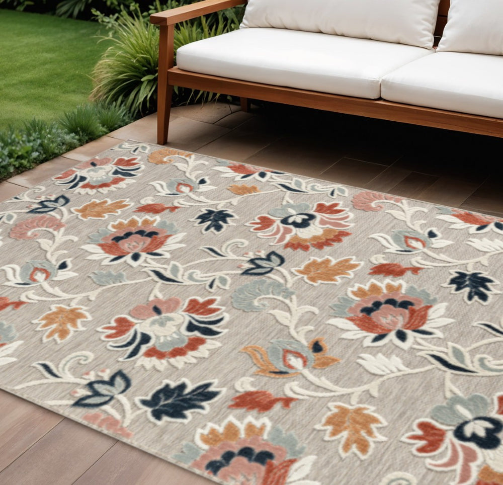 HomeRoots 8' X 10' Blue and Gray Floral Area Rug - Durable, Fade-Resistant for Indoor/Outdoor Use, Easy Care! 483057