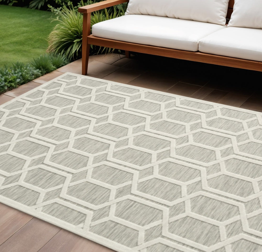 HomeRoots 8' x 10' Gray and Ivory Area Rug - Modern Geometric Design for Indoor and Outdoor Elegance & Durability 483061