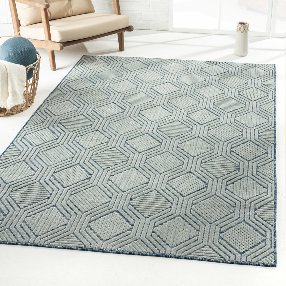Homeroots 8' X 10' Blue Geometric Stain Resistant Indoor Outdoor Area Rug  Polypropylene 483063