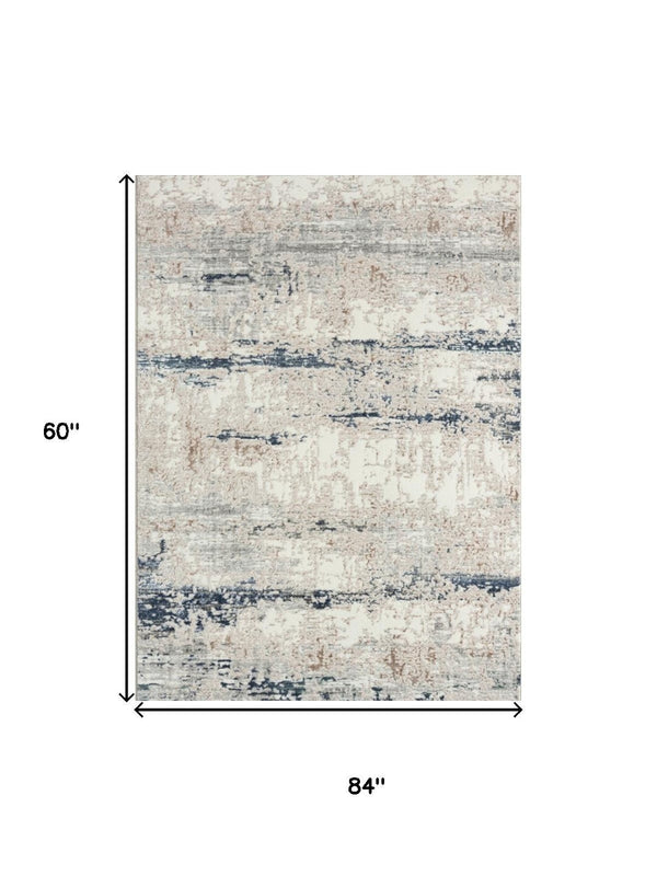 HomeRoots 5' Elegant Turkish Abstract Area Rug in Beige, Cream, Blue, and Gray – Stain Resistant for Modern Homes 5' X 7' 483068