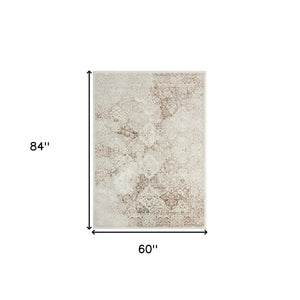Homeroots 5' X 7' Beige Cream And Brown Damask Stain Resistant Area Rug  Polyester 483072
