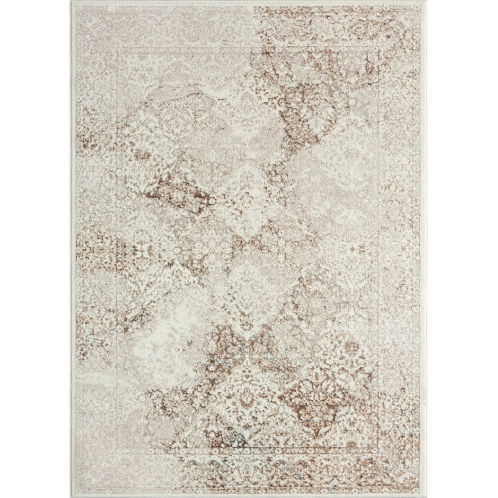 HomeRoots 5' Elegant Beige Cream and Brown Damask Area Rug - Stain Resistant, Durable, Perfect for Any Room 7' X 9' 483073