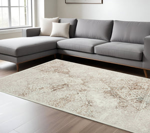HomeRoots 5' Elegant Beige Cream and Brown Damask Area Rug - Stain Resistant, Durable, Perfect for Any Room 7' X 9' 483073