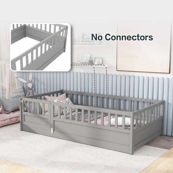 English Elm Twin Montessori Floor Bed Frame With High Security Barriers & Child-Friendly Door In Grey Finish W1858P164928-GIGA