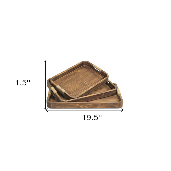 Homeroots 20" Brown Rectangular Wood Handmade Tray With Handles   483285