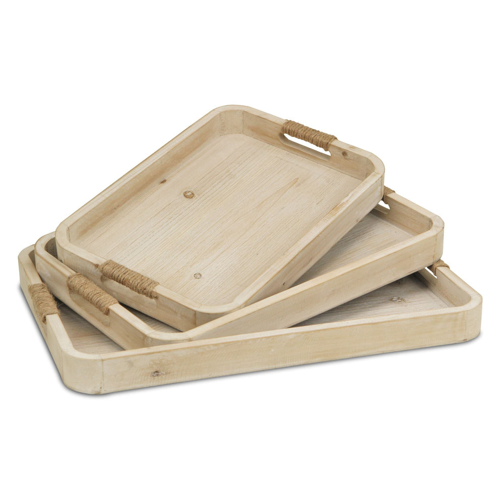 Homeroots Set Of Three White Rectangular Wood Handmade Serving Tray With Handles   483286