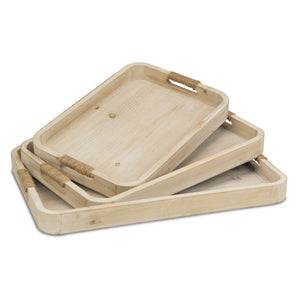 Homeroots Set Of Three White Rectangular Wood Handmade Serving Tray With Handles   483286