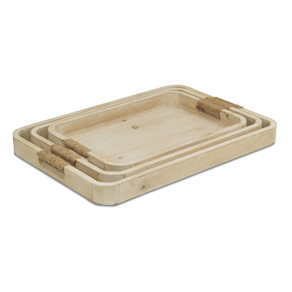 Homeroots Set Of Three White Rectangular Wood Handmade Serving Tray With Handles   483286