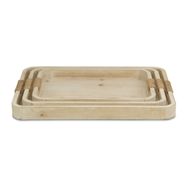 Homeroots Set Of Three White Rectangular Wood Handmade Serving Tray With Handles   483286