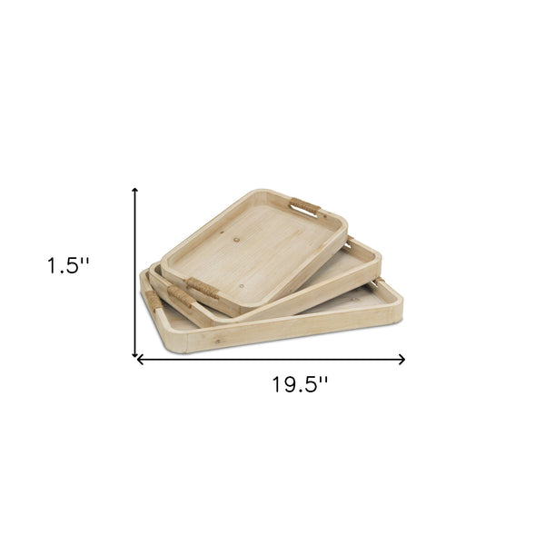 Homeroots Set Of Three White Rectangular Wood Handmade Serving Tray With Handles   483286