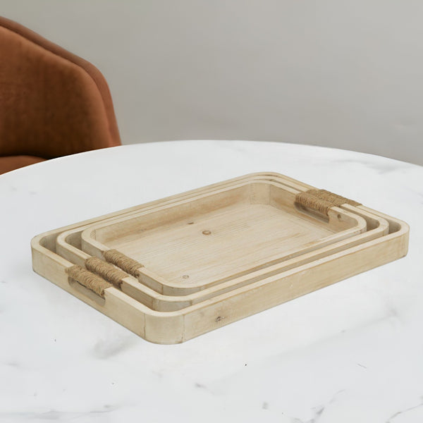 Homeroots Set Of Three White Rectangular Wood Handmade Serving Tray With Handles   483286