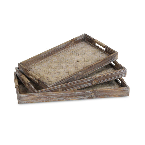 Homeroots Set Of Three Brown Rectangular Wood Handmade Serving Tray With Handles   483287
