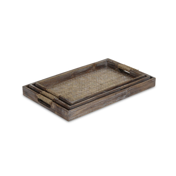 Homeroots Set Of Three Brown Rectangular Wood Handmade Serving Tray With Handles   483287