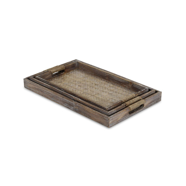 Homeroots Set Of Three Brown Rectangular Wood Handmade Serving Tray With Handles   483287