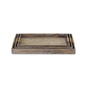 Homeroots Set Of Three Brown Rectangular Wood Handmade Serving Tray With Handles   483287