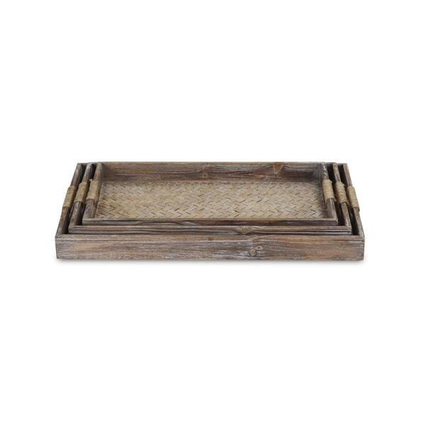 Homeroots Set Of Three Brown Rectangular Wood Handmade Serving Tray With Handles   483287