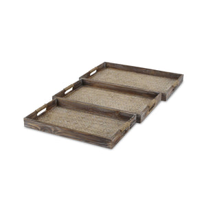 Homeroots Set Of Three Brown Rectangular Wood Handmade Serving Tray With Handles   483287