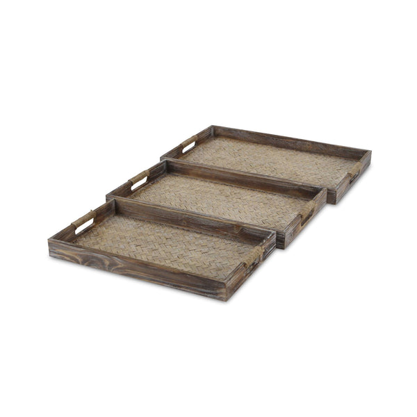 Homeroots Set Of Three Brown Rectangular Wood Handmade Serving Tray With Handles   483287
