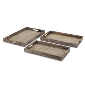 Homeroots Set Of Three Brown Rectangular Wood Handmade Serving Tray With Handles   483287