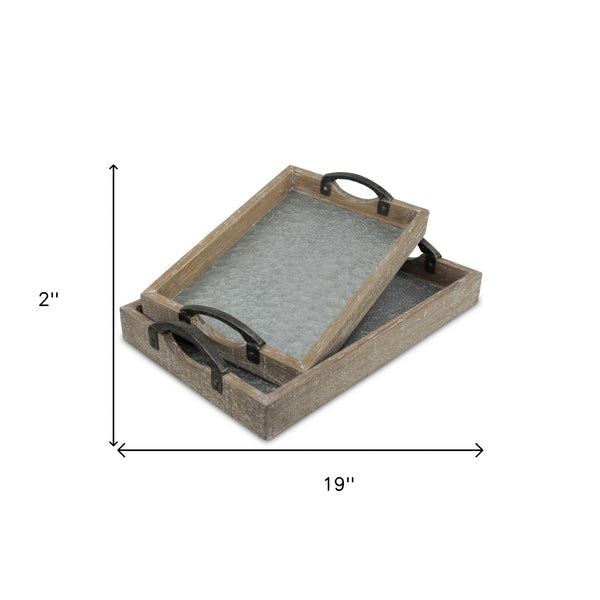 Homeroots Set Of Two Gray Metal Handmade Serving Tray With Handles   483302