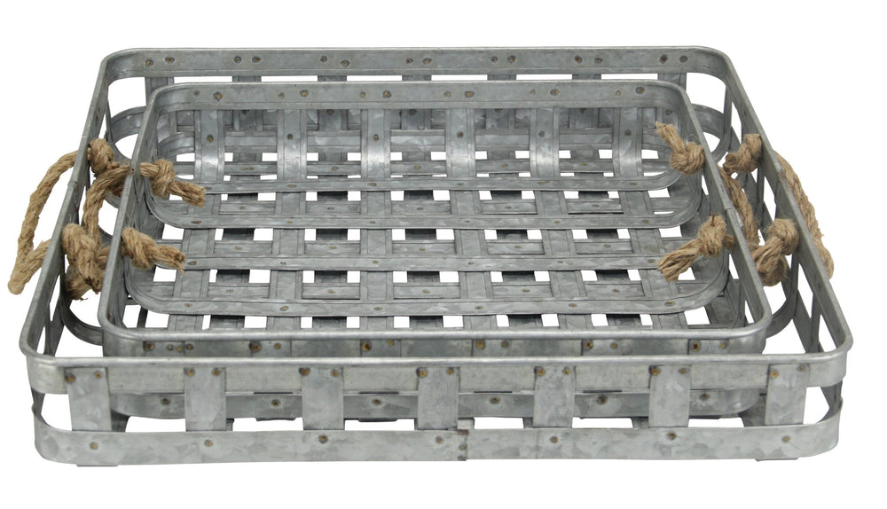 Homeroots Set Of Two Gray Rectangular Metal Handmade Serving Tray With Handles   483303