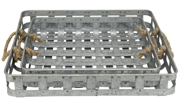 Homeroots Set Of Two Gray Rectangular Metal Handmade Serving Tray With Handles   483303