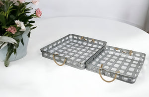 Homeroots Set Of Two Gray Rectangular Metal Handmade Serving Tray With Handles   483303