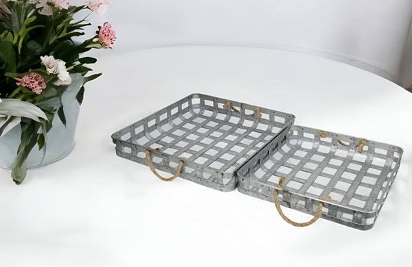 Homeroots Set Of Two Gray Rectangular Metal Handmade Serving Tray With Handles   483303