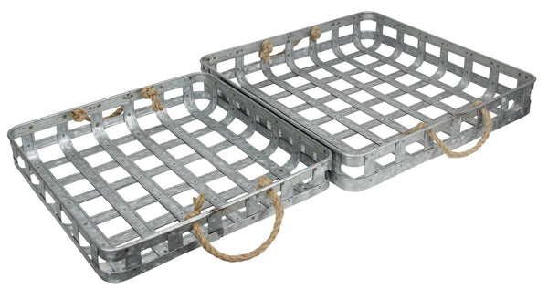 Homeroots Set Of Two Gray Rectangular Metal Handmade Serving Tray With Handles   483303