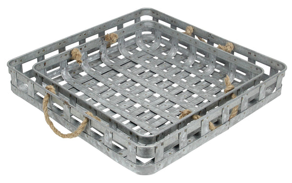 Homeroots Set Of Two Gray Rectangular Metal Handmade Serving Tray With Handles   483303