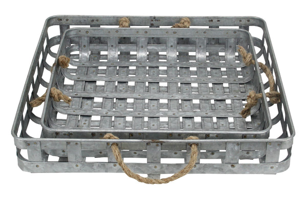 Homeroots Set Of Two Gray Rectangular Metal Handmade Serving Tray With Handles   483303