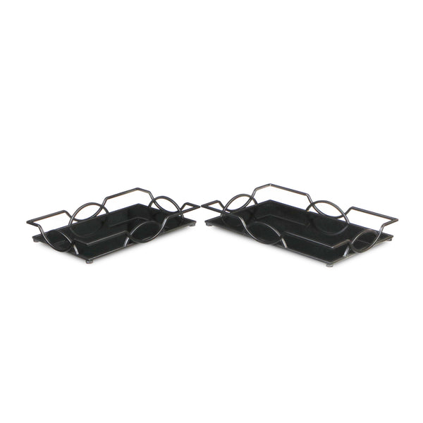 Homeroots Set Of Two 20" Black Rectangular Metal And Mirror Handmade Trays   483307