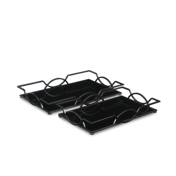 Homeroots Set Of Two 20" Black Rectangular Metal And Mirror Handmade Trays   483307