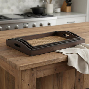 HomeRoots 24" Rustic Handmade Wood Tray Set with Handles - Elegant Food-Safe Design for Serving & Display 483309