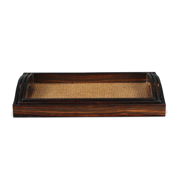 Homeroots Set Of Three 20" Brown Rectangular Woven Wood Tray With Handles   483310