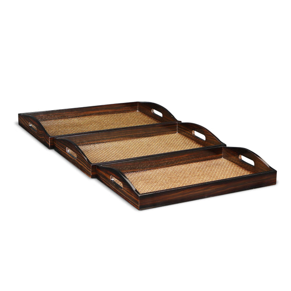 Homeroots Set Of Three 20" Brown Rectangular Woven Wood Tray With Handles   483310