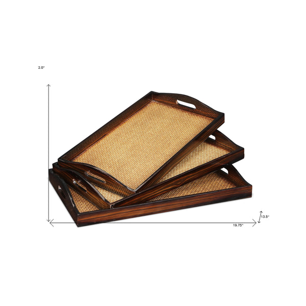 Homeroots Set Of Three 20" Brown Rectangular Woven Wood Tray With Handles   483310