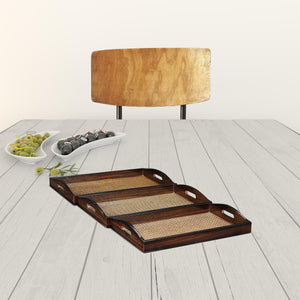 Homeroots Set Of Three 20" Brown Rectangular Woven Wood Tray With Handles   483310