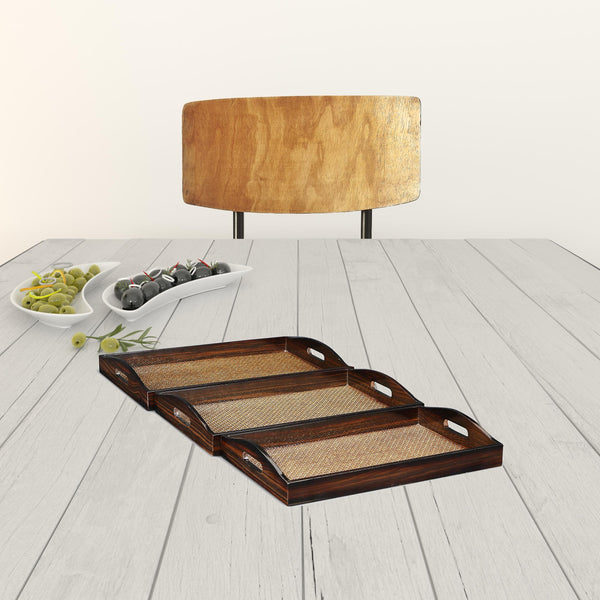 Homeroots Set Of Three 20" Brown Rectangular Woven Wood Tray With Handles   483310
