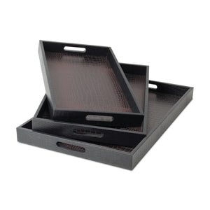 Homeroots Set Of Three 23" Brown Rectangular Faux Snakeskin Tray With Handles   483312