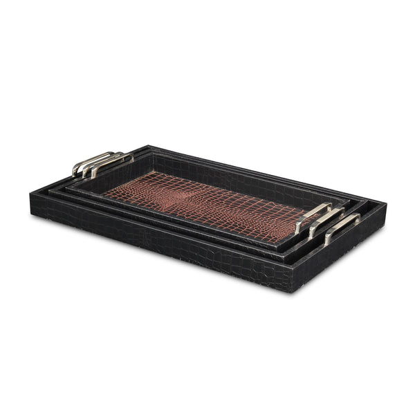 Homeroots Set Of Three Brown Rectangular Wood Handmade Serving Tray With Handles   483313