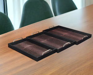 Homeroots Set Of Three Brown Rectangular Wood Handmade Serving Tray With Handles   483313