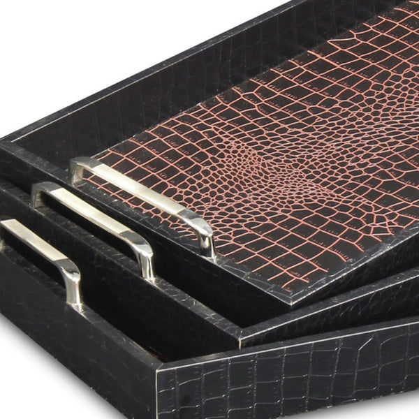 Homeroots Set Of Three Brown Rectangular Wood Handmade Serving Tray With Handles   483313