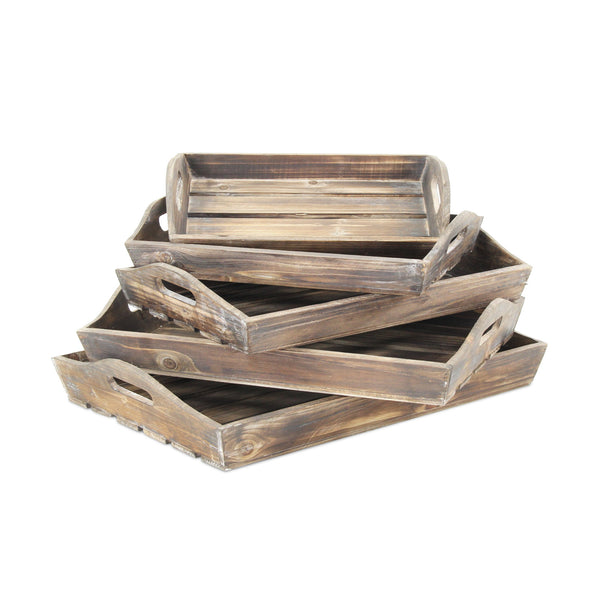 Homeroots Set Of 5 Rustic Natural Brown Wood Handmade Trays With Handles   483318