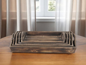 HomeRoots Set of 5 Rustic Handmade Wooden Trays – Versatile Natural Brown Decor with Cut-Out Handles 483318