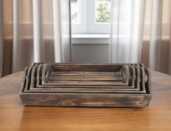 HomeRoots Set of 5 Rustic Handmade Wooden Trays – Versatile Natural Brown Decor with Cut-Out Handles 483318