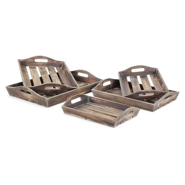 Homeroots Set Of 5 Rustic Natural Brown Wood Handmade Trays With Handles   483318