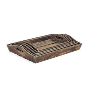 Homeroots Set Of 5 Rustic Natural Brown Wood Handmade Trays With Handles   483318
