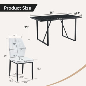 English Elm Black Faux Wood Grain Rectangular Dining Set with Shell Pattern Upholstered Chairs White+Black W1151S04366