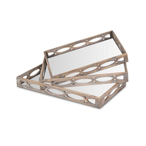 Homeroots Set Of Three Brown Rectangular Wood Mirror Serving Tray With Handles   483320